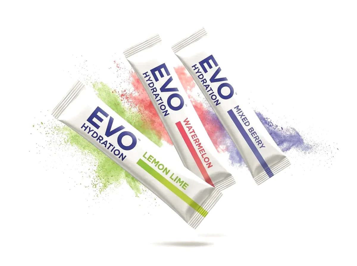 Evo Hydration branded electrolyte stick packs in lemon lime, watermelon and mixed berry