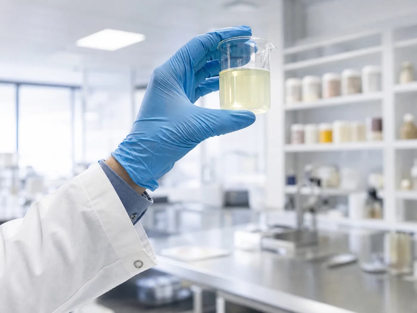 Formulation scientist checking a beaker of electrolyte solution in the lab